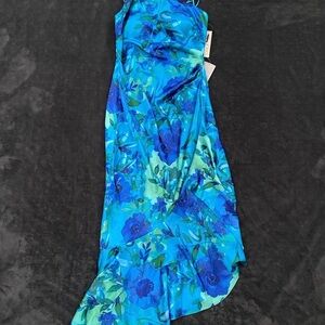 Eliza J Blue and Green Floral One Shoulder Dress